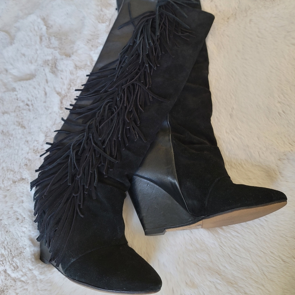 ISABEL MARANT FRINGE TALL BLACK BOOTS 37
